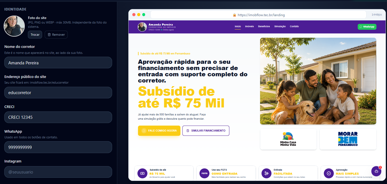 Tela do módulo Meu Site no ImobFlow